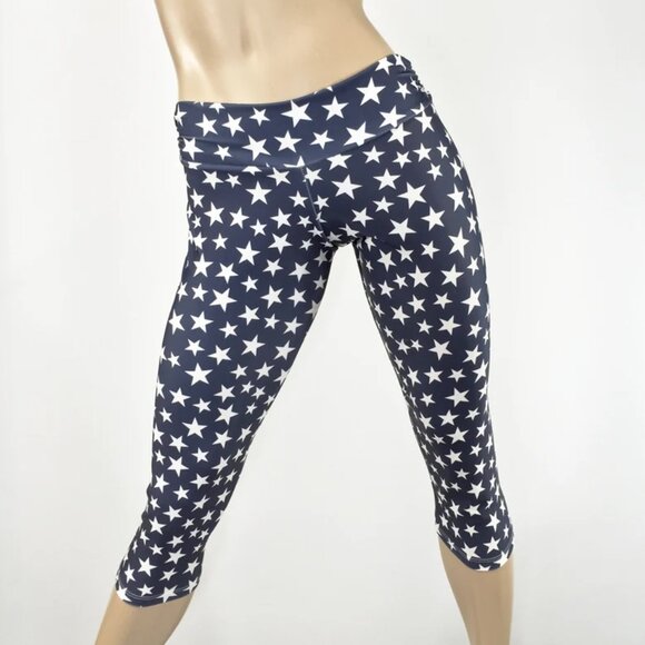 Navy Blue and White Star Yoga Cropped Capri Low Rise  Star Pants Made in USA NEW - Picture 1 of 4